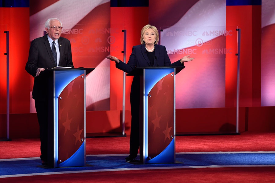 Bernie Sanders and Hillary Clinton at the Democratic presidential debate at UNH