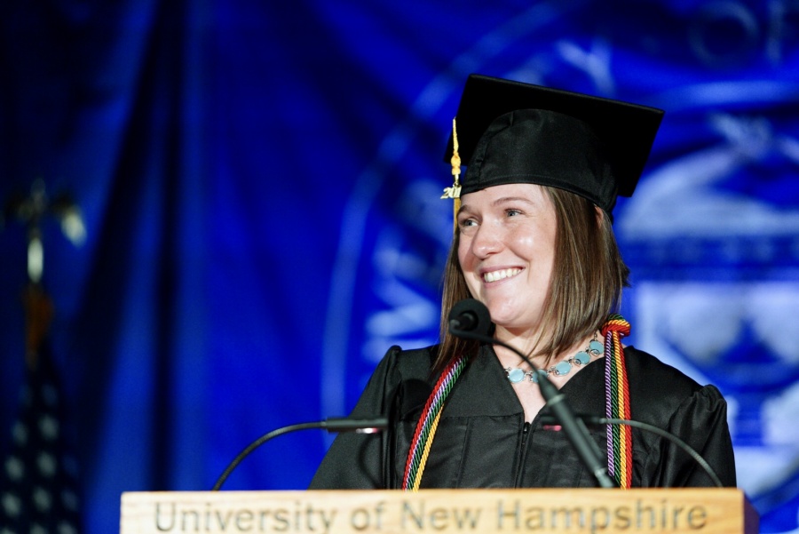 A student speaker at the lectern at UNH Manchester Commencement 2018