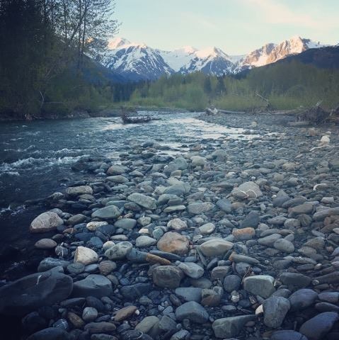 view of Alaskan stream with smooth pebble rocks