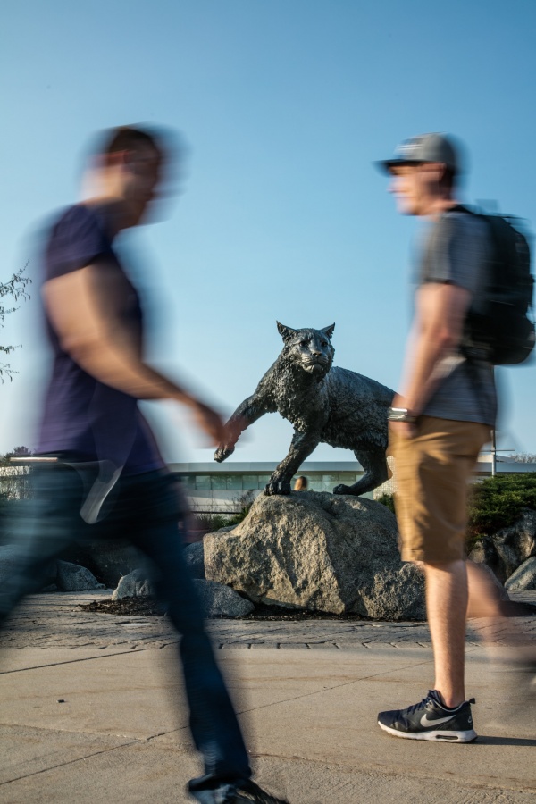 Students walk around the UNH wildcat statue