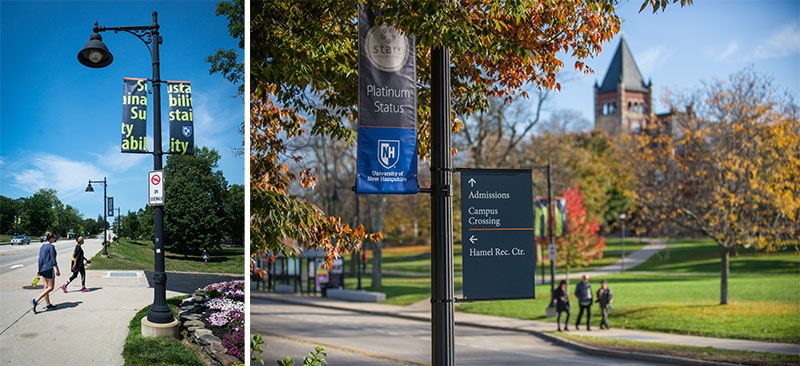 sustainability banners on UNH's Durham campus