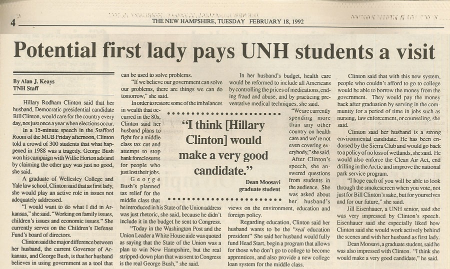 Potential first lady pays UNH students a visit - TNH article
