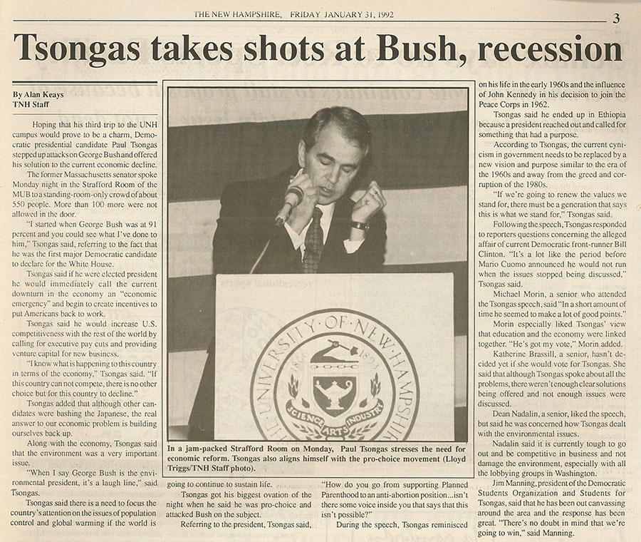 Tsongas takes shots at Bush, recession - TNH article