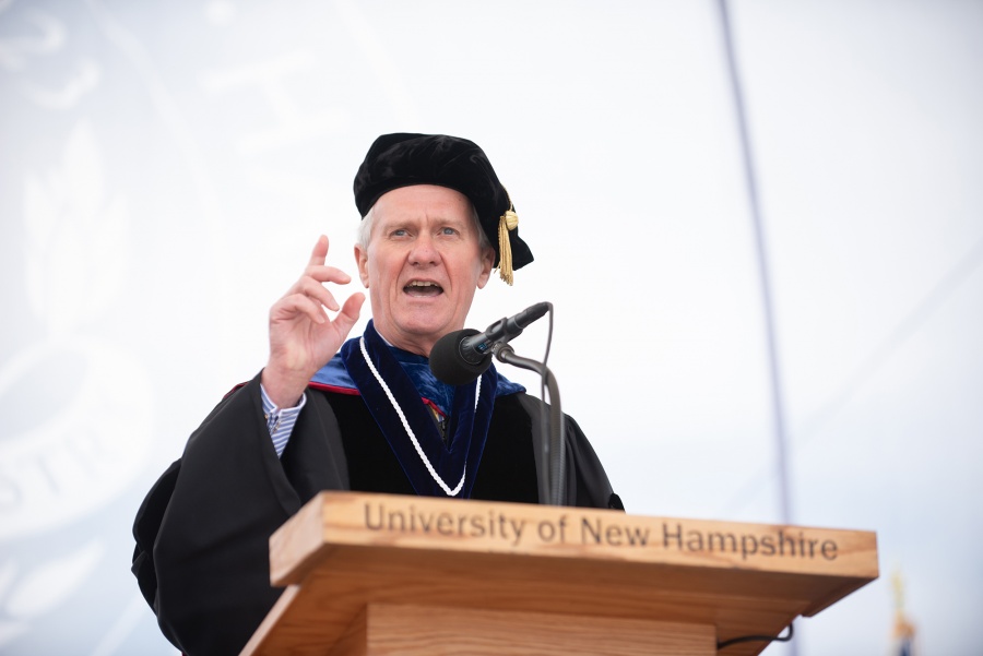 UNH President Mark W. Huddleston speaking during UNH commencement, Saturday, May 19, 2018