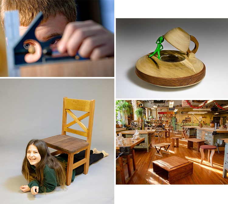 four photos: student with ruler, round box with alien sculpture on it, woman under wooden chair, woodshop with holiday decorations