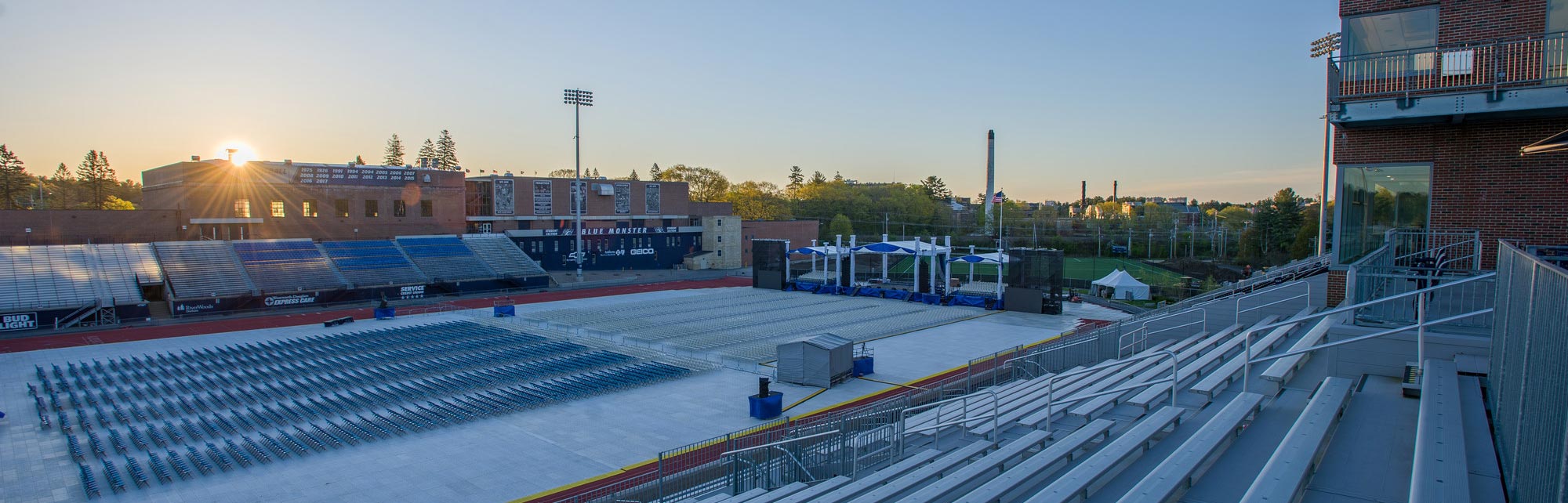 The empty football stadium, prepared for commencement