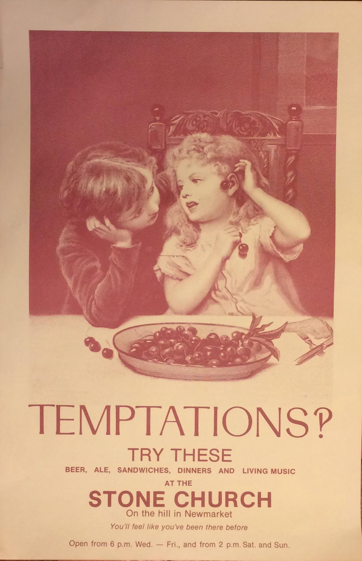 Stone Church poster of two kids sitting at a table with a bowl of berries and the word "Temptations?" in all caps